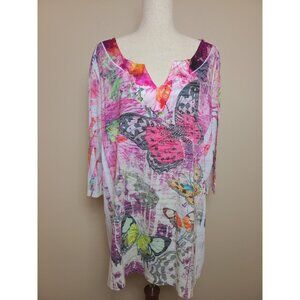 Womens 3/4 Long Sleeves Top Shirt Blouse Multicolor Pink Butterflies Size L A282